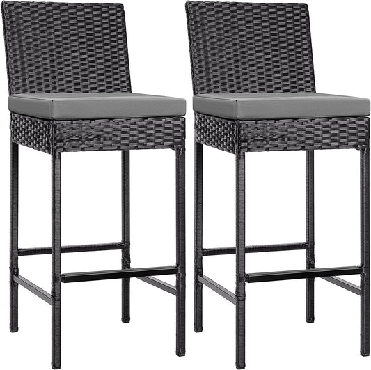 VIVOHOME Outdoor Wicker Bar Stools Set of 2, Patio Rattan Furniture with Cushions, Black