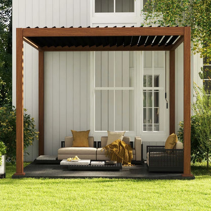 Mirador 10'x 10' 111S Outdoor Aluminum Pergola w/Adjustable Rainproof Louver for Garden, Patio, Backyard, Takasho/Wood Grain