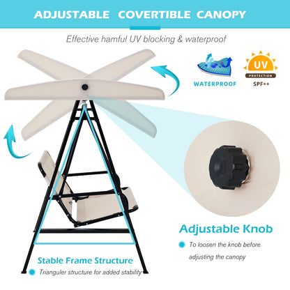 AECOJOY 2 Persons Outdoor Patio Canopy Steel Porch Swing Chair-Beige