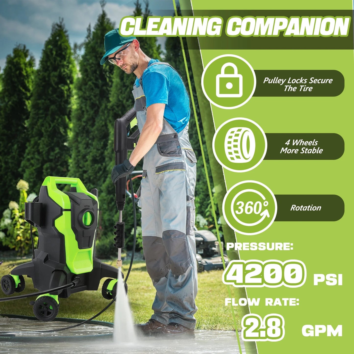 Electric Pressure Washer, 4000PSI Max. 2.8 GPM Power Washer w/32 ft Hose and 32 ft Power Cord, 4 Quick Connect Nozzles, 4 Wheels, Foam Cannon, Suitable For Clean Cars, Patios, Driveways