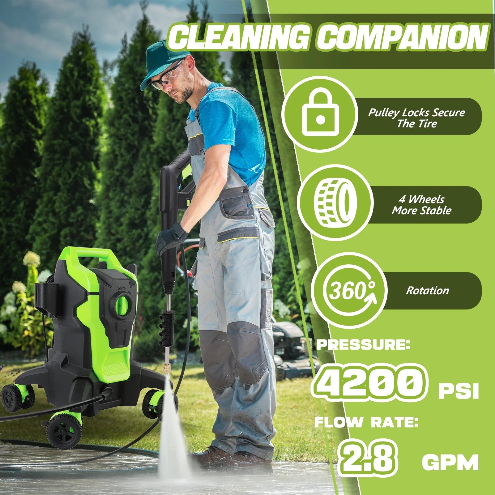 Electric Pressure Washer, 4000PSI Max. 2.8 GPM Power Washer w/32 ft Hose and 32 ft Power Cord, 4 Quick Connect Nozzles, 4 Wheels, Foam Cannon, Suitable For Clean Cars, Patios, Driveways