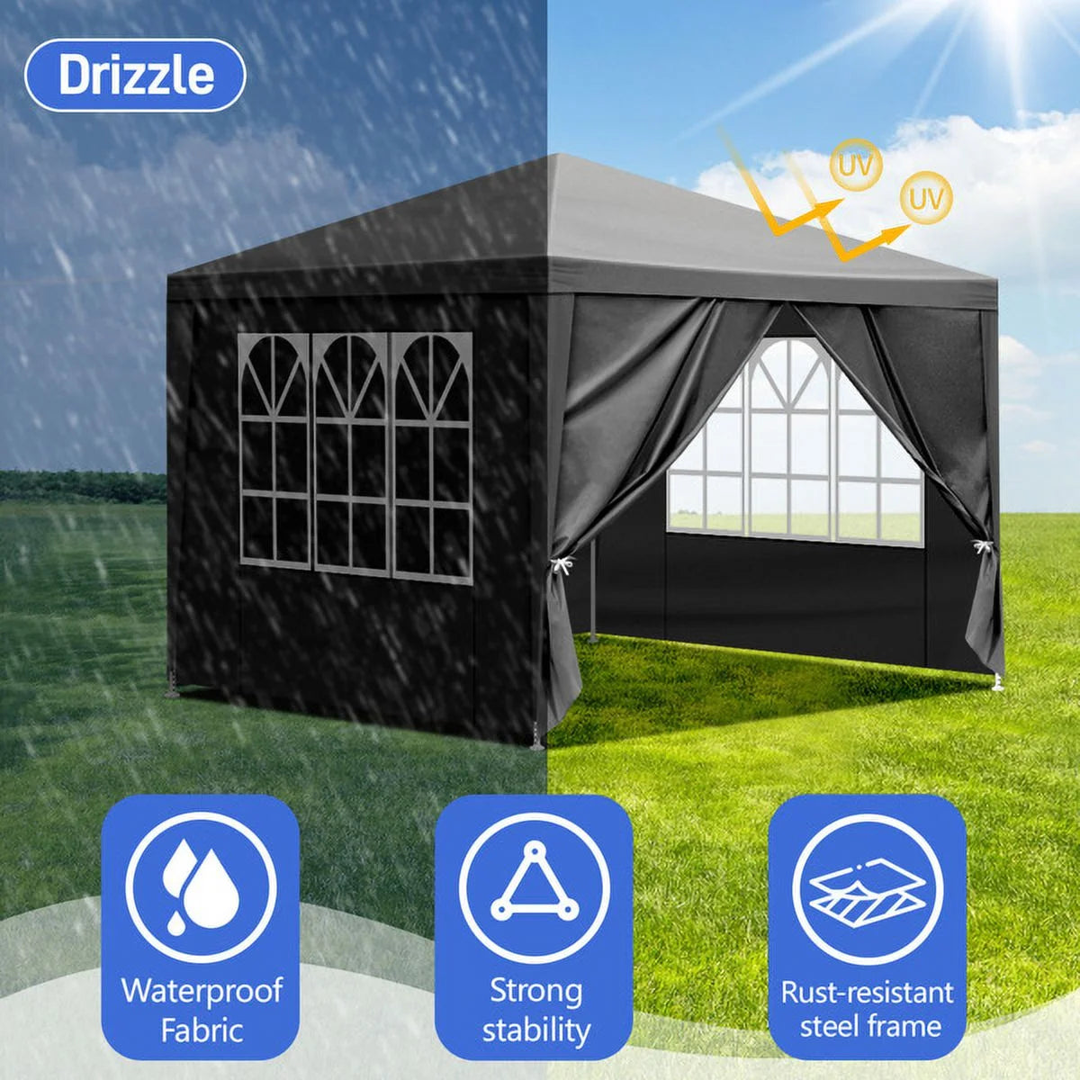 Sythers 10'x10' Pop Up Canopy Tent with 4 Removable Sidewalls, Portable Gazebo, UV Resistant Waterproof, Enclosed Canopy Tent for Outdoor Events, Patio, Backyard, Party, BBQ, Camping, Black