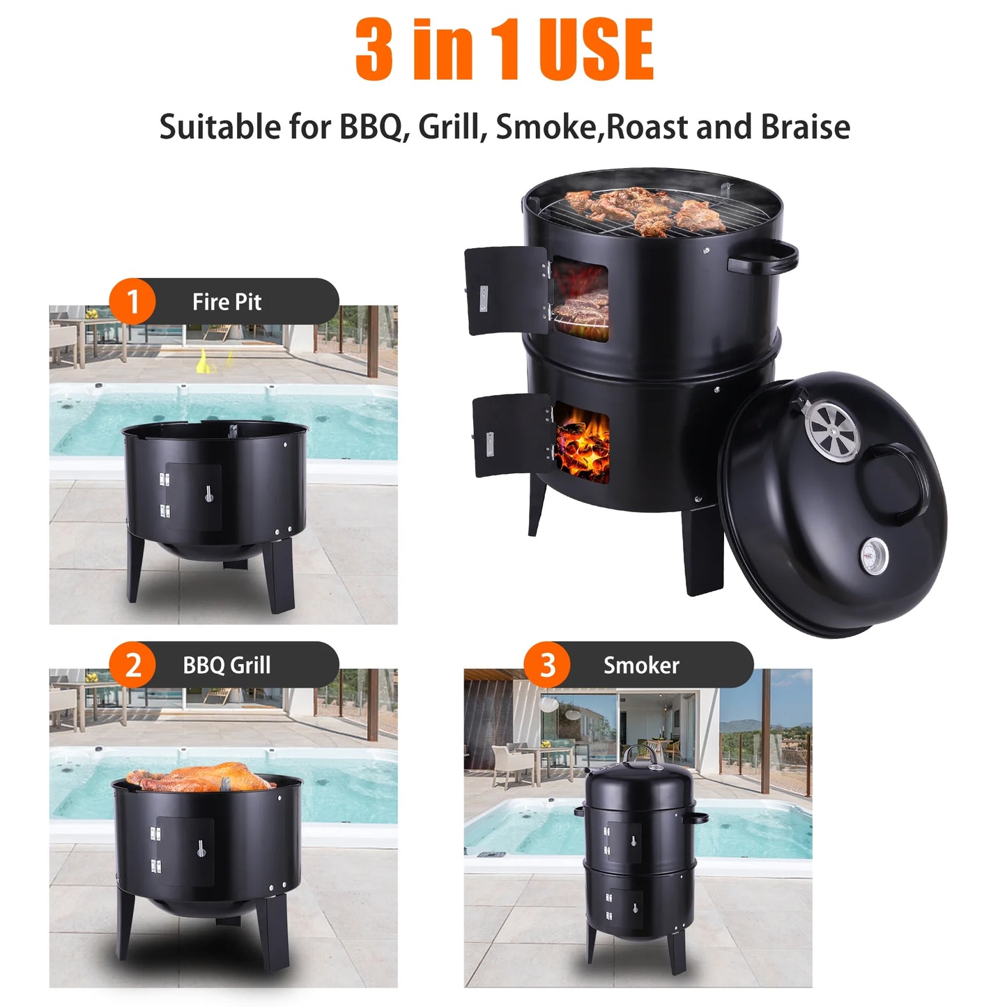 Metal Outdoor Cooking Grill BBQ Charcoal Grill With Lid Smoker Grill for Backyard Patio Camping Picnics