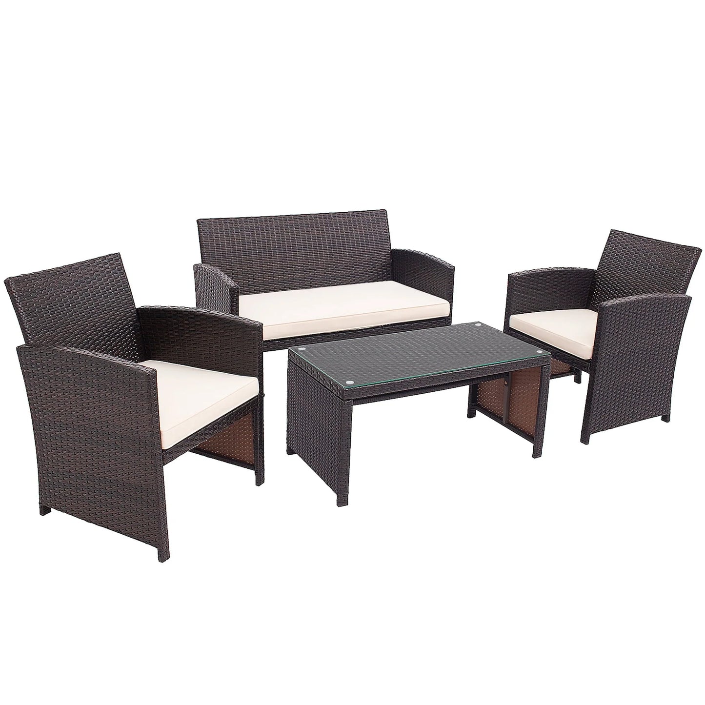 Costway 4PCS Patio Rattan Furniture Set Cushioned Chair Sofa Coffee Table White Modern Outdoor Furniture Set For Four