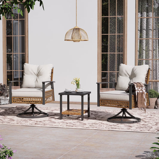 LAUSAINT HOME 3 Pieces Patio Outdoor Furniture Set with 2-Tier Coffee Table, PE Wicker Swivel & Rocking Chairs with Beige Cushions