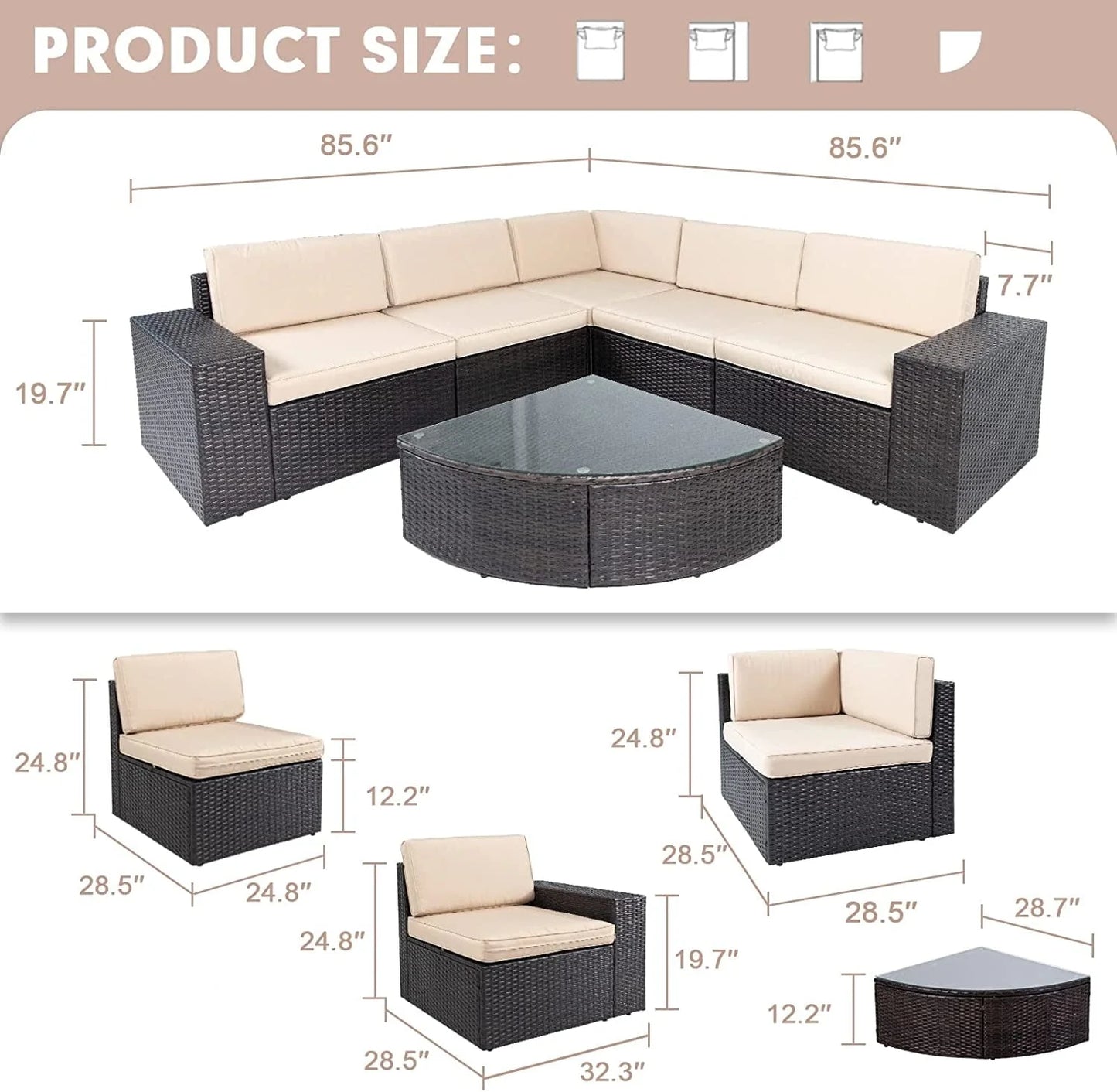 SUNCROWN 6-Piece Patio Furniture Set Outdoor Wicker Conversation Set with Wedge Table, Brown