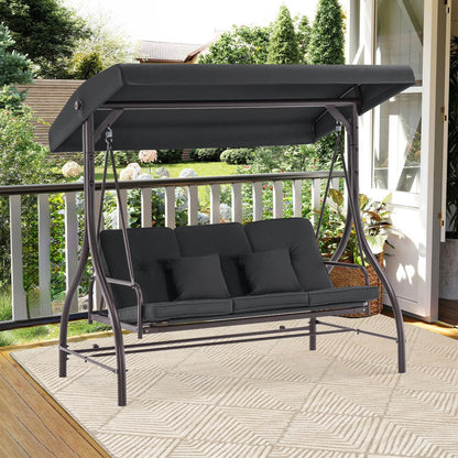 MCombo 3-Seat Outdoor Patio Swing Chair Cushioned with Adjustable Backrest and Canopy, Pillow, Brown