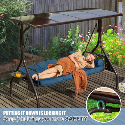 3-Seat Patio Porch Swing with Adjustable Hardtop,3 in 1 Convertible Outdoor Porch Swing for Adults,Patio Swing with Thicken Cushion,Pillows & Cup Holders for Porch,Backyard,Garden (Blue)
