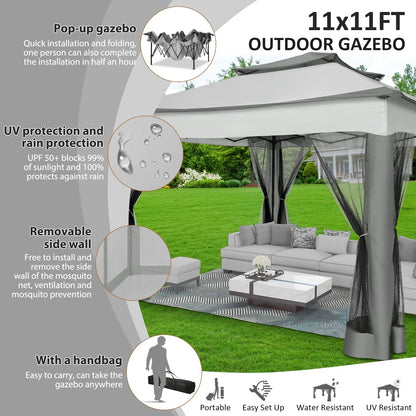 SANOPY 11 x 11 ft Outdoor Patio Gazebo with Ventilated Double Roof and Mosquito Net, Pop up Steel Gazebo Tent for Patios, Backyard, Garden and Beach