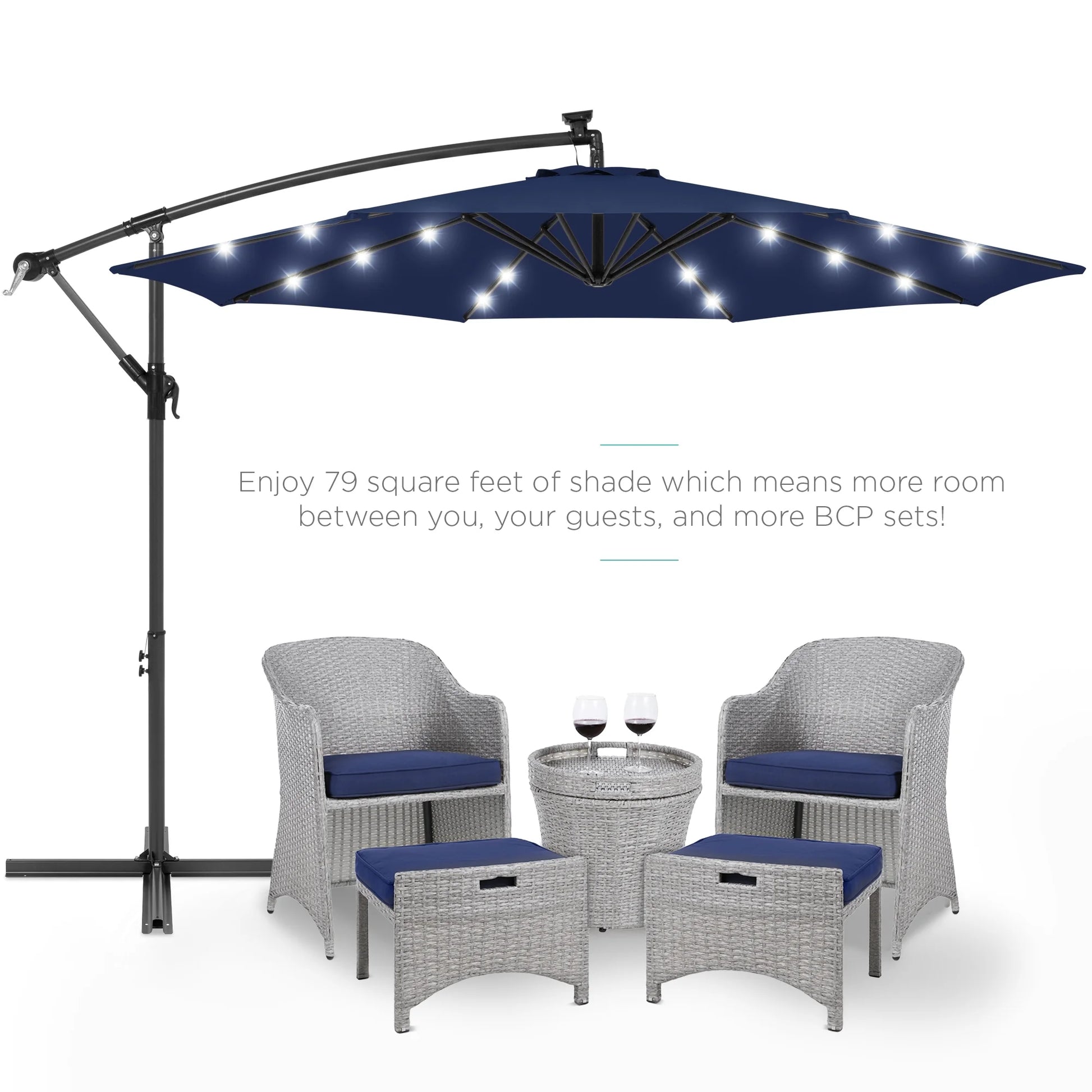 Best Choice Products 10ft Solar LED Offset Hanging Outdoor Market Patio Umbrella w/Adjustable Tilt - Navy Blue