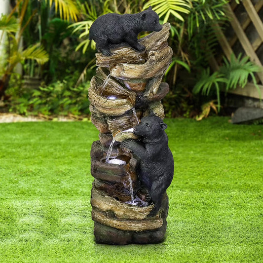 39.3in Tall Outdoor Water Fountain Resin Bear Patio Waterfall Fountain for Garden, Deck, Patio, Porch, Yard and Home Art Decor