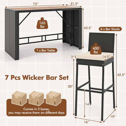 Gymax 7 Pieces Patio Bar Set w/Acacia Wood Tabletop & Removable Cushions Outdoor