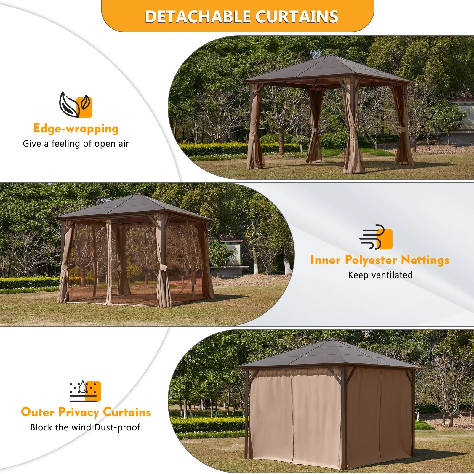 Sunmthink 10x10 Outdoor Hardtop Gazebo, Polycarbonate Single Roof Patio Canopy with Curtains and Netting, Brown