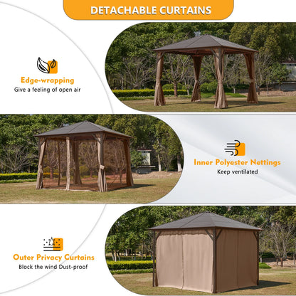 Sunmthink 10x10 Outdoor Hardtop Gazebo, Polycarbonate Single Roof Patio Canopy with Curtains and Netting, Brown