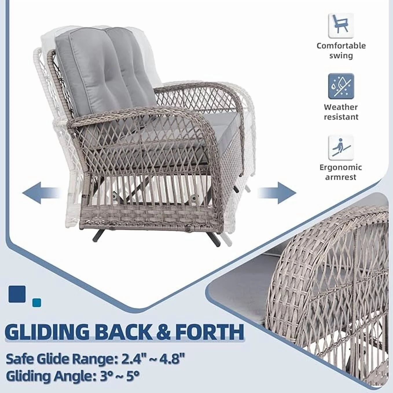 SOCIALCOMFY 4-Piece Wicker Patio Furniture Sets Outdoor All-Weather Rattan Conversation Set Includes Glider Loveseat, Glass-Top Coffee Table, 2 Glider Rocker Chairs with Thickened Cushions