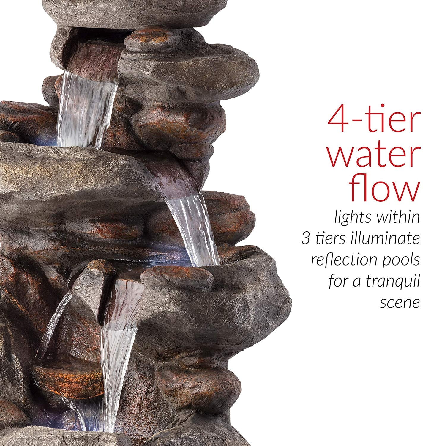 Alpine Corporation WIN1184 40" Outdoor Floor 3-Tiered Rock Waterfall Fountain with LED Lights, Natural Stone Look - Cascading Water Feature for Gardens, Patios, Yards, and Outdoor Dcor, Gray
