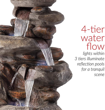 Alpine Corporation WIN1184 40" Outdoor Floor 3-Tiered Rock Waterfall Fountain with LED Lights, Natural Stone Look - Cascading Water Feature for Gardens, Patios, Yards, and Outdoor Dcor, Gray