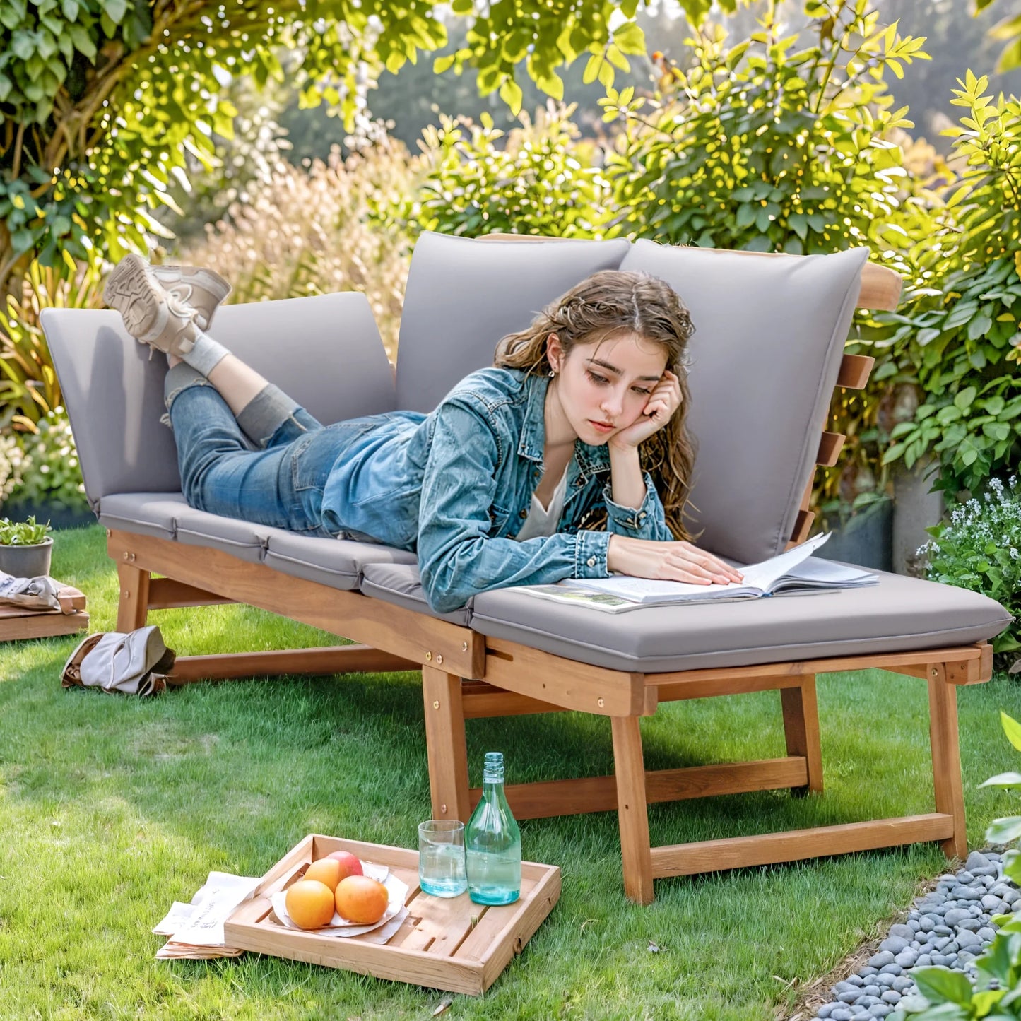 Homall Outdoor Sofa Patio Acacia Wood Daybed with Adjustable Armrests, Gray