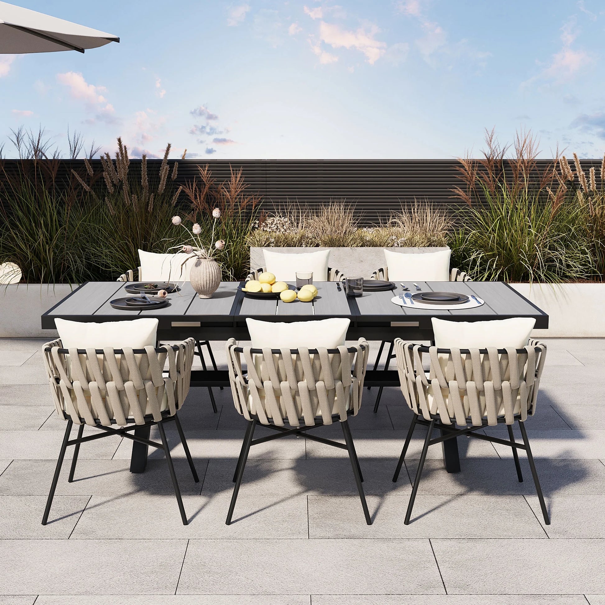 Harper & Bright Designs 7 Pieces Metal Outdoor Dining Table and Chairs Set for 6, All-Weather Patio Dining Furniture with 6 Woven Tape Chairs for Backyard Garden Balcony, Gray, Natural
