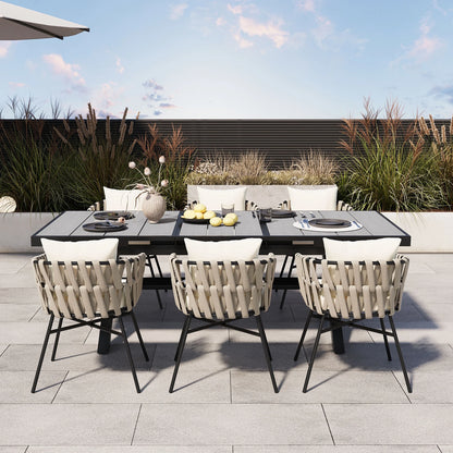 Harper & Bright Designs 7 Pieces Metal Outdoor Dining Table and Chairs Set for 6, All-Weather Patio Dining Furniture with 6 Woven Tape Chairs for Backyard Garden Balcony, Gray, Natural