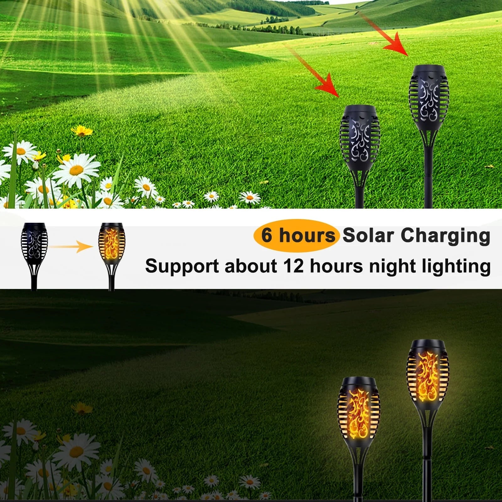 Flickering Solar Lights, 4 Pack Tiki Torch Lights with Flickering Flame, LED Waterproof Bamboo Yard Torch for Outside Garden Patio Pathway Blcak
