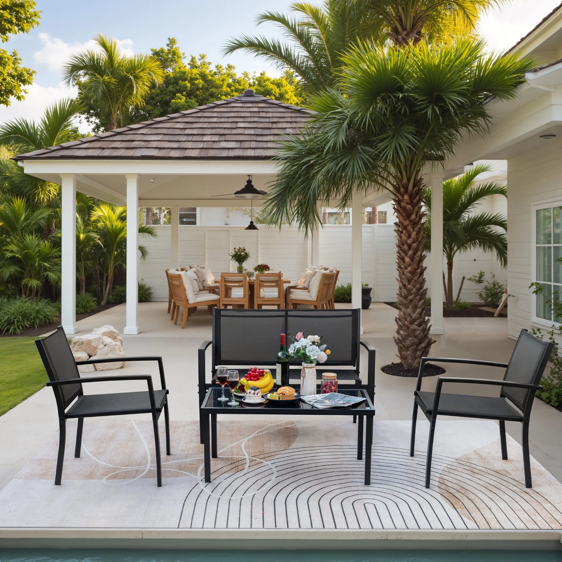 LACOO 4 Pieces Outdoor Furniture Set Patio Textilene Steel Conversation Set with Loveseat Tea Table for Lawn and Balcony, Black
