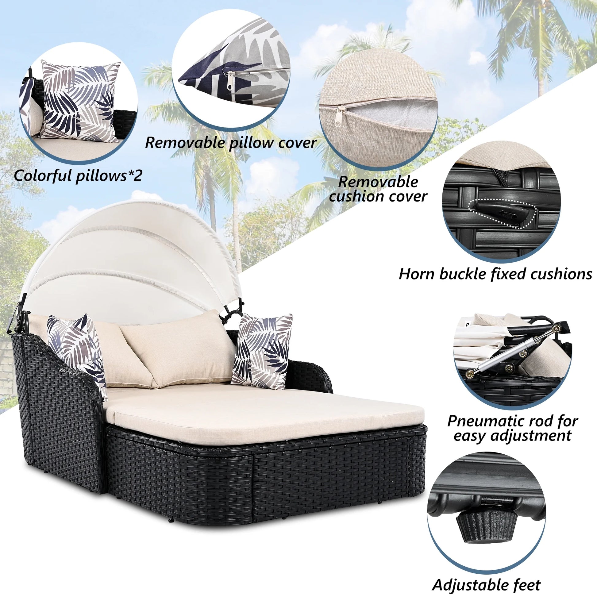 Harper & Bright Designs Rattan Outdoor Double Lounge Chaise 2-Person PE Wicker Outdoor Patio Sunbed with Canopy Cover for Backyard Garden Balcony, Beige+Black