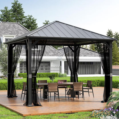 ELPOSUN Outdoor Living 10’ X 12’ Hardtop Gazebo Canopy with Netting & Curtains, Outdoor Aluminum Gazebo with Galvanized Steel Double Roof for Patio Lawn and Garden, Khaki