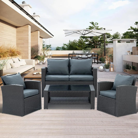 HighSound 4 Piece Patio Furniture Set, Outdoor Wicker Patio Sectional Sofa, All Weather PE Rattan Outdoor Sectional with Cushions & Coffee Table, Dark Gray