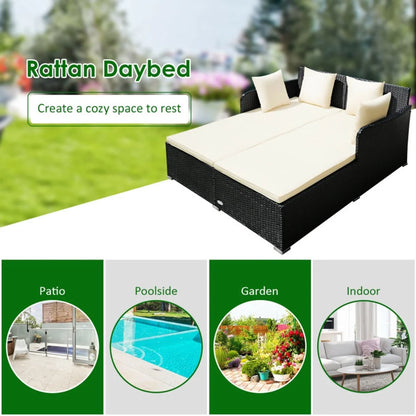 Resenkos Outdoor Patio Rattan Wicker Daybed Sectional Conversation Double Chaise Lounge, White Resistant Cushions