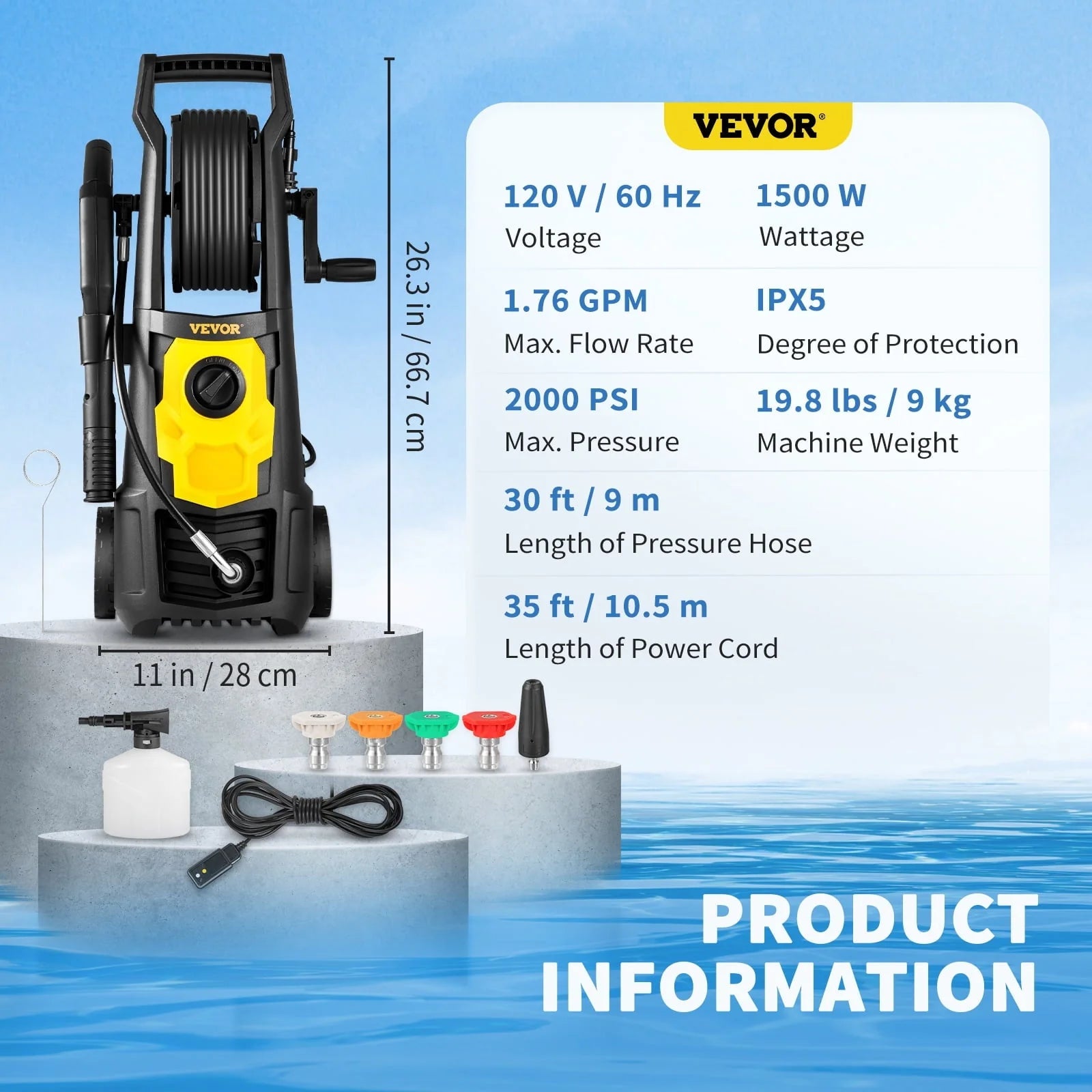 VEVOR Electric Pressure Washer, 2000 PSI, Max. 1.76 GPM Power Washer w/30 ft Hose & Reel, 5 Quick Connect Nozzles, Foam Cannon, Portable to Clean Patios, Cars, Fences, Driveways, ETL Listed