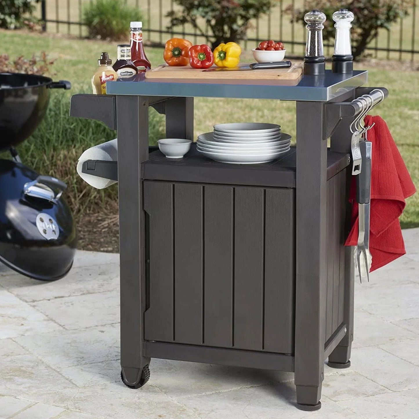 Keter Unity 40 Gal Patio Storage Grilling Bar Cart w/Stainless Top, Brown