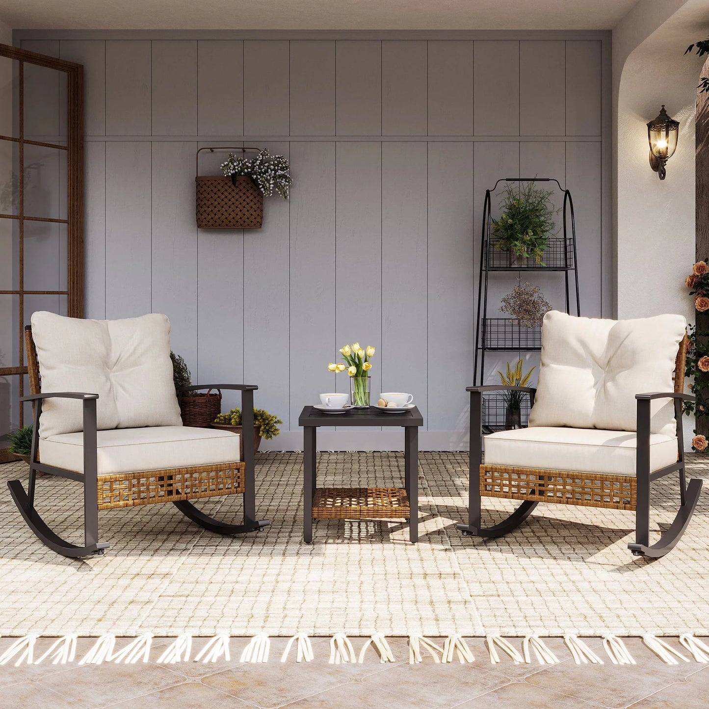 LAUSAINT HOME 3 Pieces Patio Outdoor Conversation Set with 2-Tier Coffee Table, PE Wicker and Galvanized Steel(Beige)