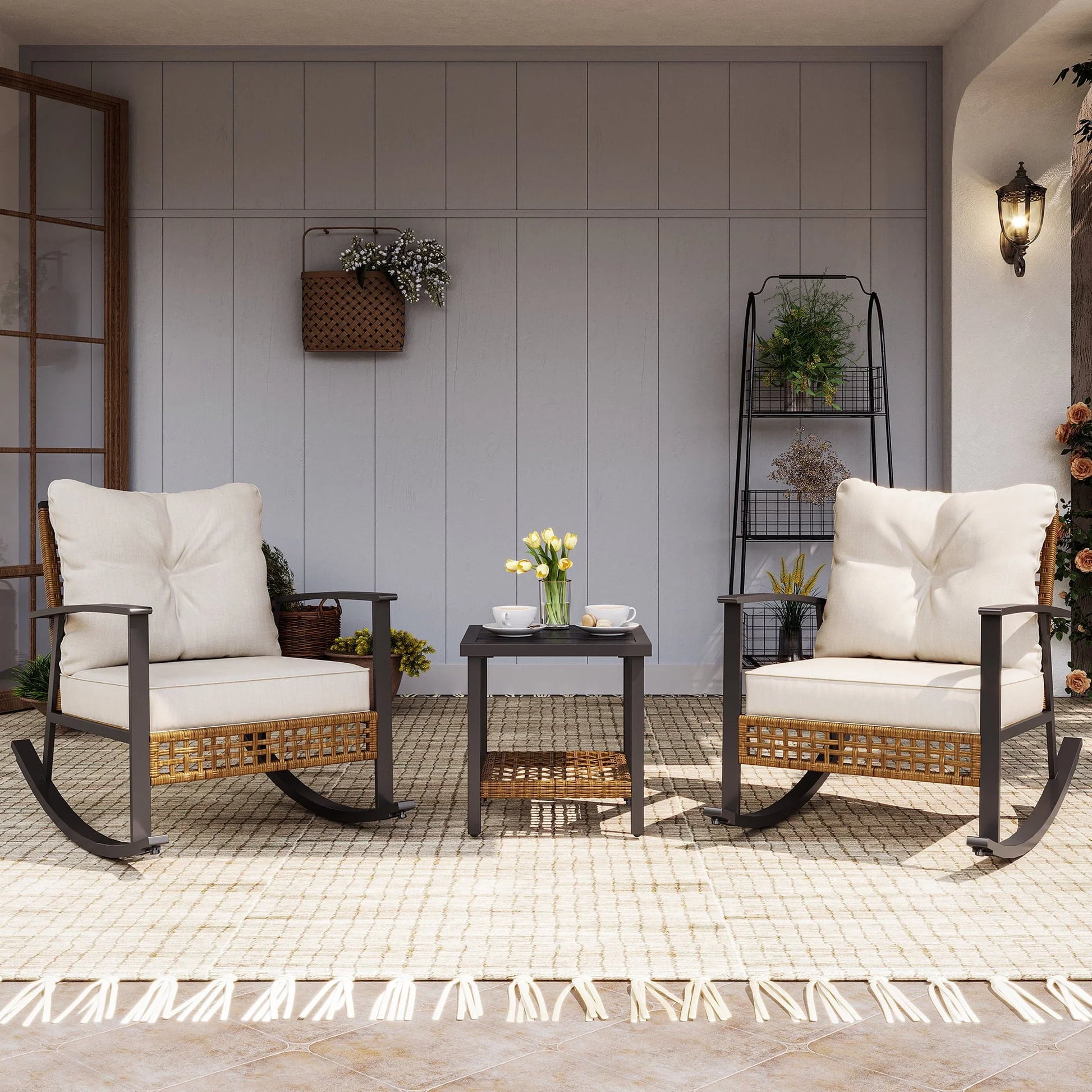 LAUSAINT HOME 3 Pieces Patio Outdoor Conversation Set with 2-Tier Coffee Table, PE Wicker and Galvanized Steel(Beige)