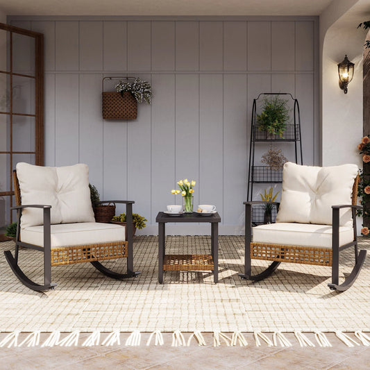 LAUSAINT HOME 3 Pieces Patio Outdoor Conversation Set with 2-Tier Coffee Table, PE Wicker and Galvanized Steel(Beige)