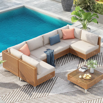 7 Pieces Patio Furniture Set, Wicker Sectional Table and Chairs Sets, Patio Conversation Set with Sectional Chaise Longue, Coffee Table, Suitable for Porch Backyard Garden, Beige