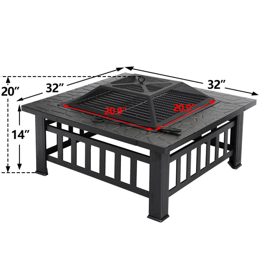 ZENY 32" Outdoor Fire Pit Square Metal Firepit Patio Garden Stove Wood Burning