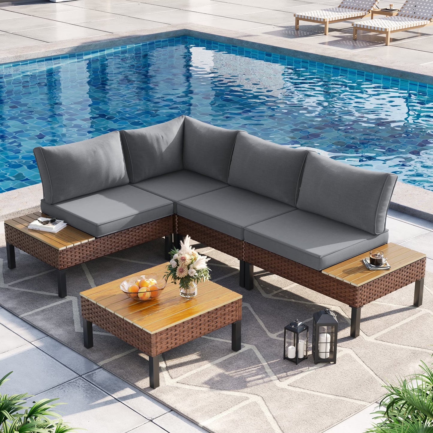 Poteban 5-piece Rattan Outdoor Patio Sofa Set,L-Shaped Sectional Sofa Couch with Coffee Table for Backyard,Lawn,Garden,Navy Blue