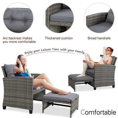 Sobaniilo 5 Piece Patio Furniture Set,Outdoor PE Wicker Patio Chair Two with Ottoman Underneath, Wicker Lounge Chair with Side Table, Beige