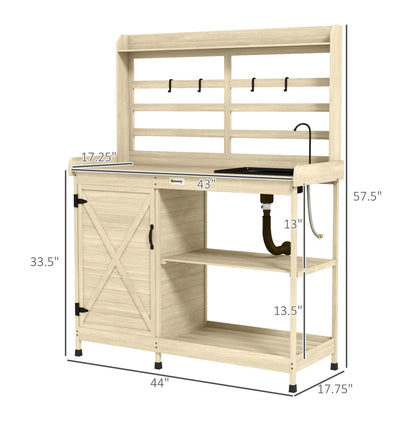 Wooden Potting Bench with Storage, Sink & Tap - Outdoor Gardening Station for Patio, Backyard, Balcony - Natural Finish
