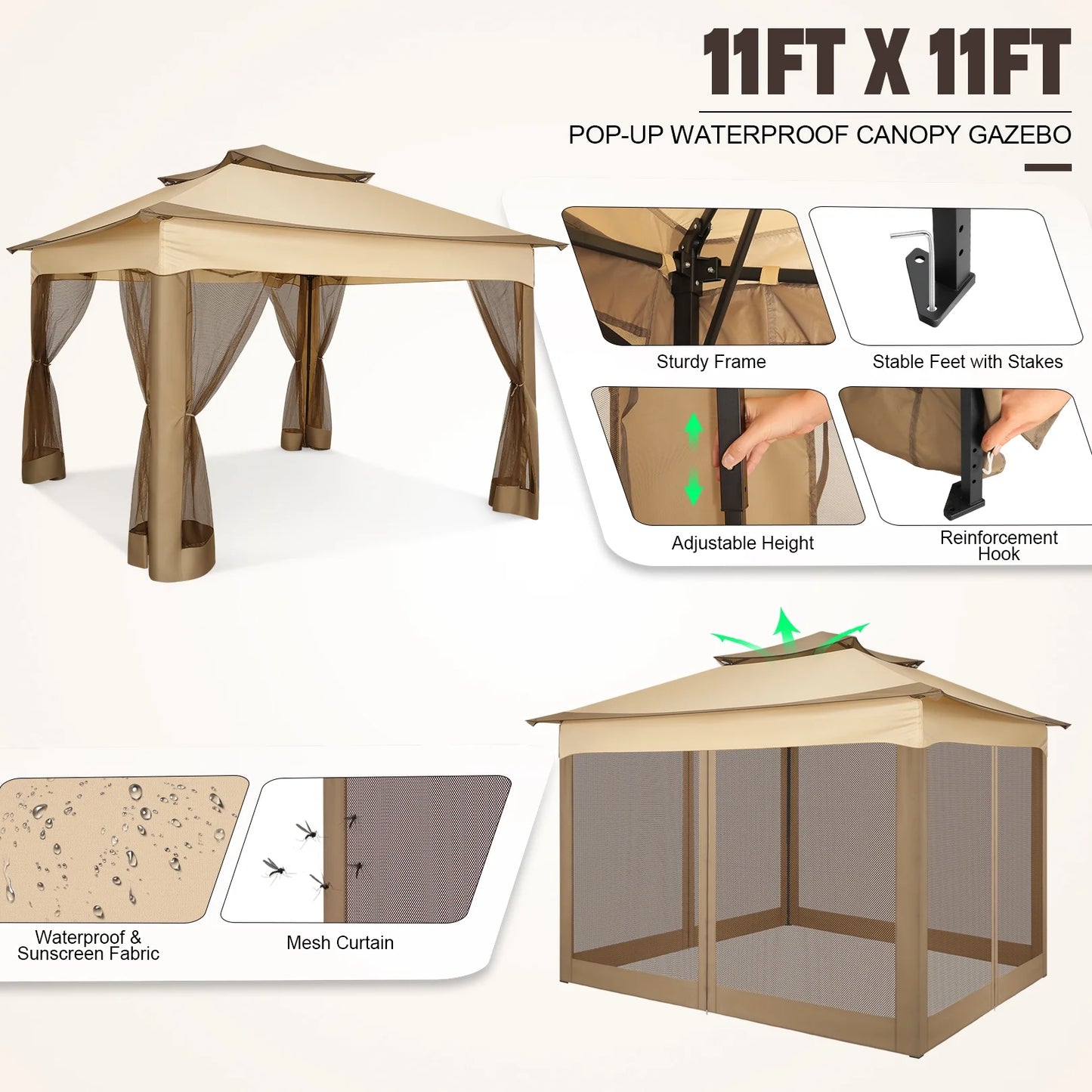 COBIZI 11x11 Pop up Gazebo Outdoor Canopy Gazebo Patio Gazebo with Mosquito Netting Canopy Shelter with 121 Square feet of Shade for Poolside, Garden, Party and Backyard, Khaki