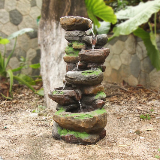 6-Tiered Outdoor Floor Rock Water Garden Fountain 37.4''H Cascading Waterfall Water Feature Indoor for Home Decor Patio Yard with LED Lights and Natural Stone Look
