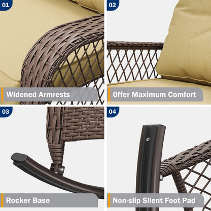ELPOSUN 3-Piece Outdoor Rocking Chairs, Wicker Patio Furniture with Thickened Cushions and Table for Porch