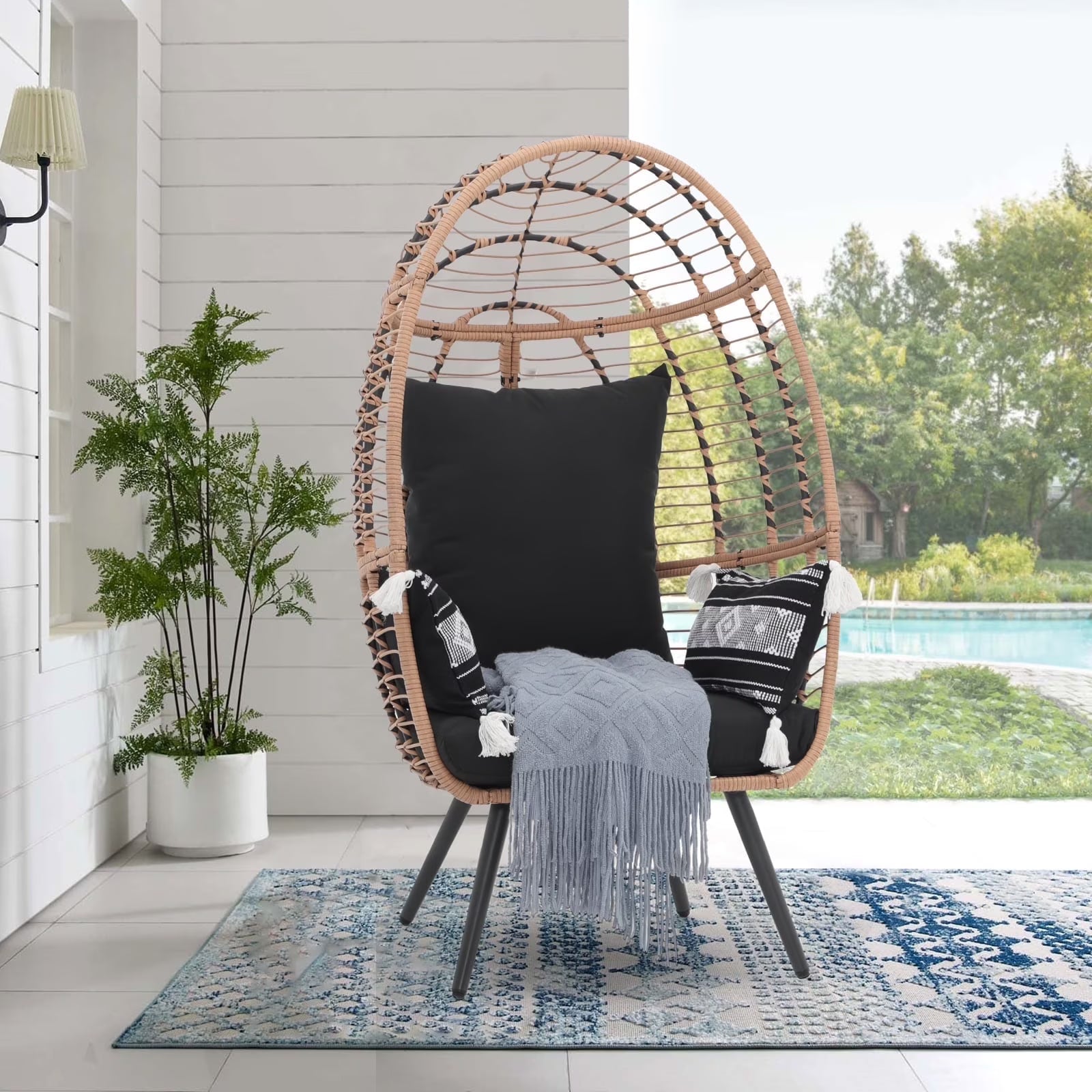 Indoor Outdoor Swing Egg Chair with Stand, Patio Foldable Grey Wicker Rattan Hanging Chair with Cushion, Light Gray