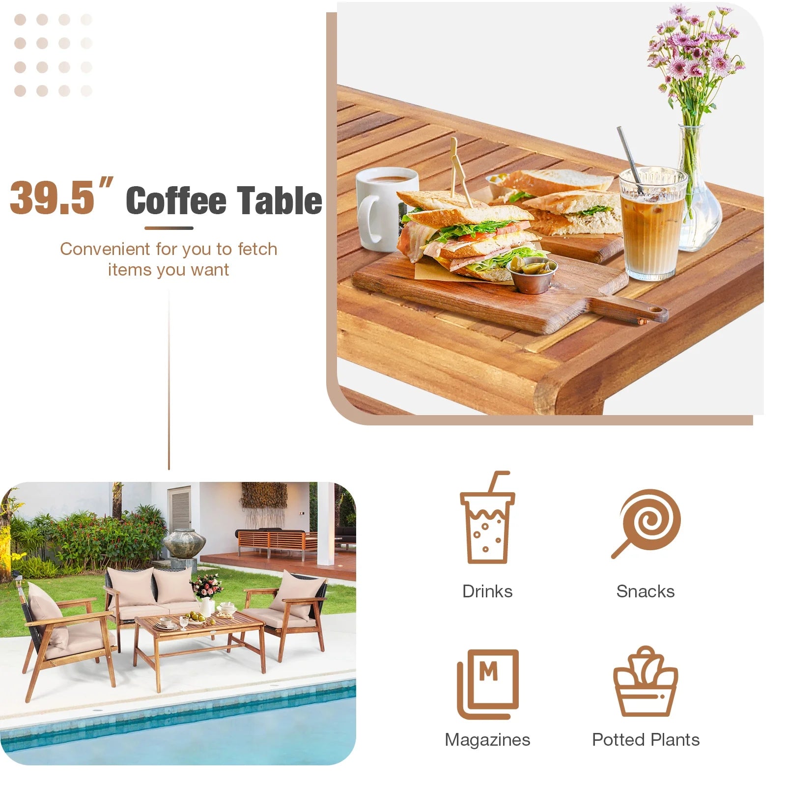 Patiojoy 8PCS Patio Rattan Furniture Set Wood Frame Cushioned Sofa with Coffee Table Sectional Conversation Sofa Set for Garden Brown