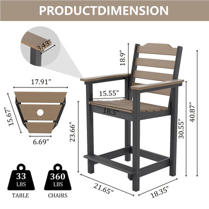 Decksplore Tall Adirondack Chairs Set of 6 with Detachable Connecting Tray, HDPE Bar Height Outdoor Chairs, Wood-Like Adirondack Bar Stools for Patio, Balcony, Porch, Black brown