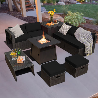 Costway 9PCS Patio Rattan Furniture Set Fire Pit Space-saving W/Cover Red Cushion cover