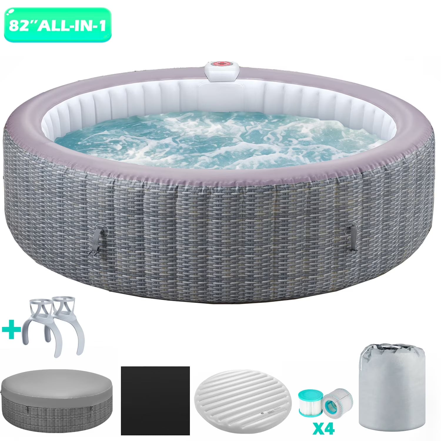 6-8 Person Portable Hot Tub, 82in Inflatable Home Spa Tub with Cup Holders, 4 Filters, 130 Massage Jets, Patio Hot Tub with Storage Bag Lockable Cover Floor Mat, Max 104° F