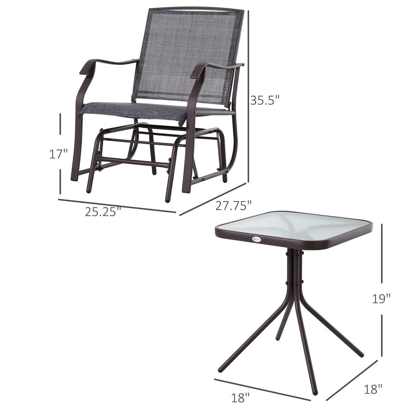 Outsunny Set of 3 Rocking Glider Chair w/Table Mesh Patio Outdoor Furniture, Gray