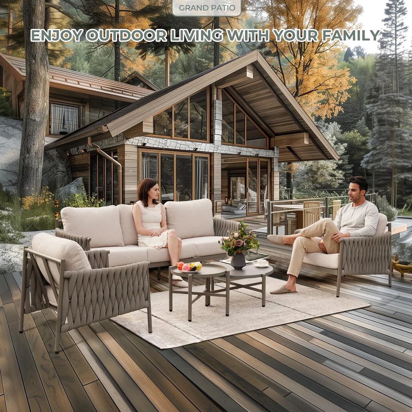 Grand Patio 5-Piece Furniture Set, Cotton Rope Outdoor Conversation Set with Deep Seating, Thick Cushions, Water-Resistant, 2 Coffee Tables, Backyard/Porch
